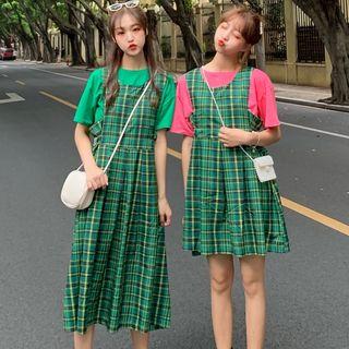 Short-sleeve T-shirt / Sleeveless Plaid A-line Dress