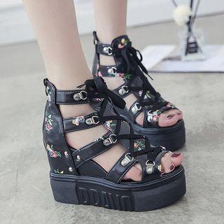 Wedge-heel Floral Print Sandals