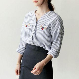 Floral Embroidered V-neck Striped Blouse