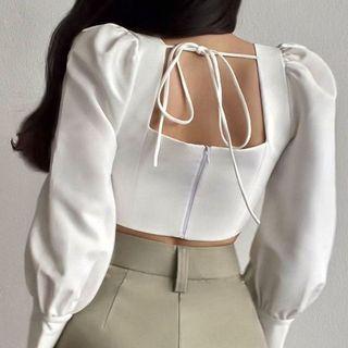 Square-neck Open Back Plain Drawstring Cropped Top