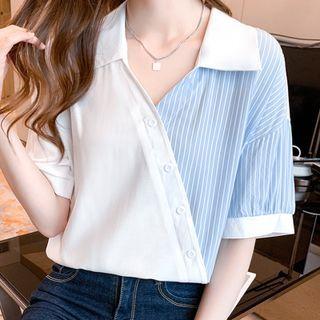 Elbow-sleeve Panel Striped Shirt