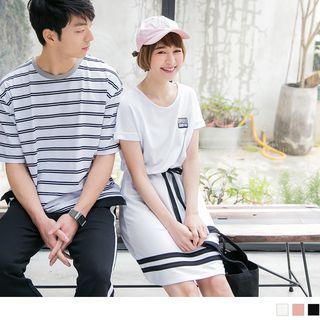 Short Sleeve Embroidered Striped Drawstring Dress