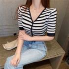 Striped Short-sleeve Cropped Knit Cardigan