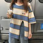 3/4-sleeve Slit Front Striped T-shirt