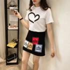 Set: Short-sleeve Heart Print T-shirt + Applique A-line Skirt