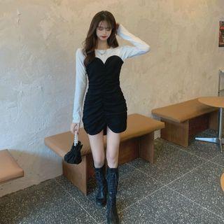 Mock Two-piece Long-sleeve Shirred Sheath Dress