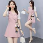 Set: Two-tone Short-sleeve A-line Dress + Shorts