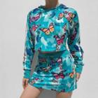 Set: Long Sleeve Butterfly Print Crop Hoodie + Drawstring Mini Skirt