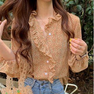 Long-sleeve Floral Chiffon Frill Trim Blouse