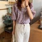 Puff-sleeve Floral Print Shirt Purple - One Size