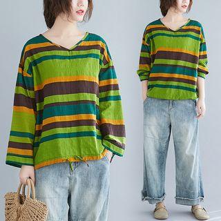 V-neck Striped Long-sleeve Top Stripe - Green - One Size