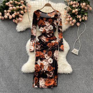 Square-neck Flower Print Long-sleeve Dress