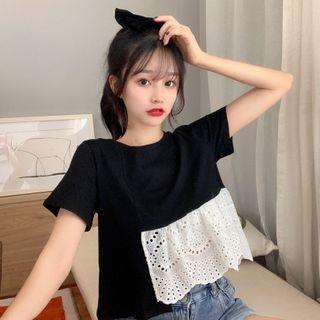 Asymmetric Lace Panel Short-sleeve T-shirt