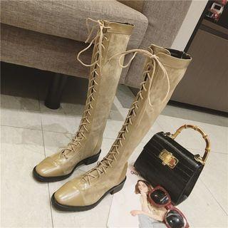 Faux Leather Low-heel Lace-up Tall Boots