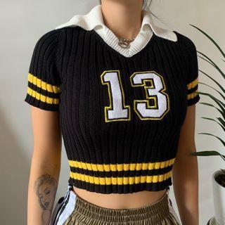 Short-sleeve Number Embroidered Knit Crop Top