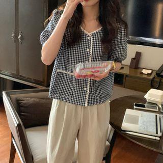 Puff-sleeve Lace Trim Houndstooth Blouse