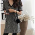 V-neck Contrast-trim Tweed Dress