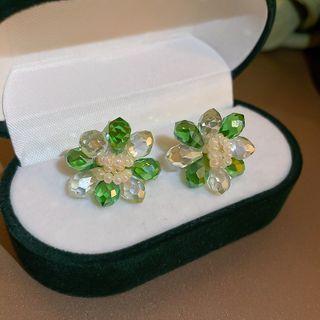Rhinestone Flower Stud Earring 1 Pair - Silver Needle - Green - One Size