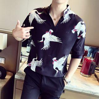 Elbow-sleeve Crane Print Top