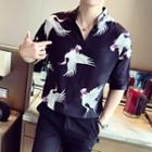 Elbow-sleeve Crane Print Top