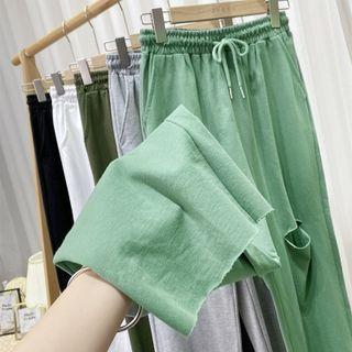 High-waist Plain Lace-up Ripped Wide-leg Pants