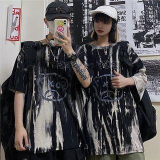 Elbow-sleeve Tie-dye Graphic Print T-shirt