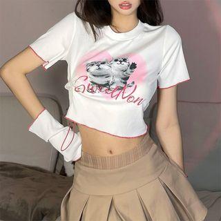 Set: Short-sleeve Cat Print Cropped T-shirt + Arm Sleeves