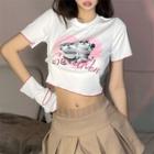 Set: Short-sleeve Cat Print Cropped T-shirt + Arm Sleeves