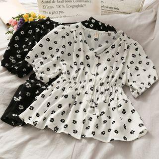 Daisy-print Ruched V-neck Blouse