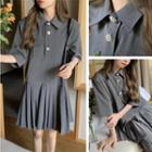 Short-sleeve Rhinestone Loose-fit Pleated Dress Gray - One Size