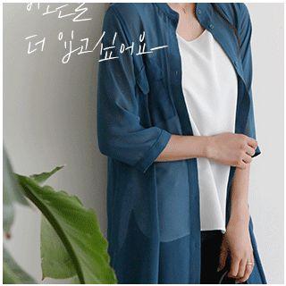 Mandarin-collar Lettering-back Long Shirt