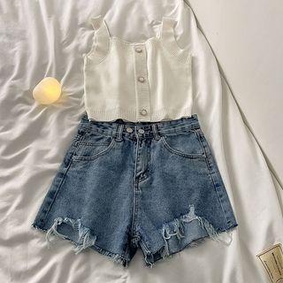 Distressed Denim Shorts / Sleeveless Top