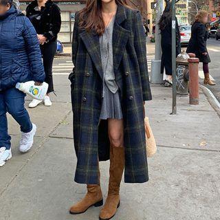 Double Breasted Plaid Coat Navy Blue - One Size