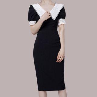 Short-sleeve Collared Lace Panel Sheath Dress
