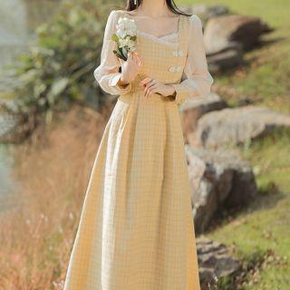 Long-sleeve Check Frog-buttoned Midi A-line Dress