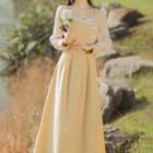 Long-sleeve Check Frog-buttoned Midi A-line Dress