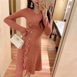 Ruffle-trim Midi A-line Knit Dress