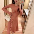 Ruffle-trim Midi A-line Knit Dress