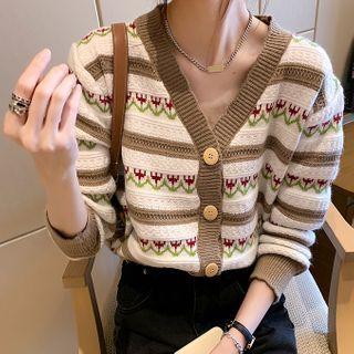 Striped Floral Jacquard Knit Cardigan