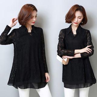 Set: Long-sleeve Lace Top + Sleeveless Blouse