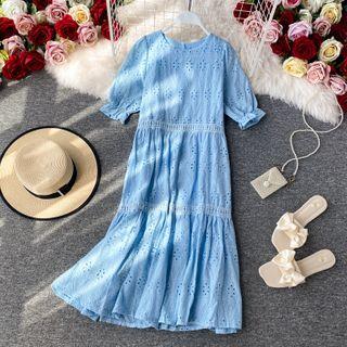 Puff-sleeve Eyelet-lace Midi Dress