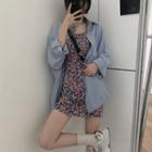 Long-sleeve Plain Shirt / Spaghetti Strap Floral Print Mini Bodycon Dress