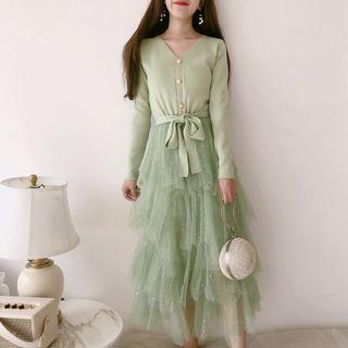 V-neck Knit Panel Long-sleeve Midi Tiered Dress