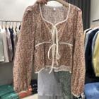 Long-sleeve Floral Tie-strap Blouse