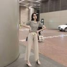 Set: Long-sleeve / Short-sleeve Striped Knit Top + Wide-leg Pants