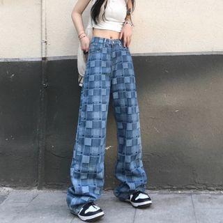 Plaid Straight Leg Denim Pants