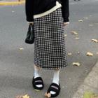 Plaid Slit Midi Pencil Skirt Black & Whtie - One Size