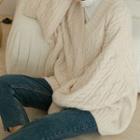 V-neck Cable-knitted Plain Over-sized Sweater