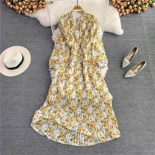 Long-sleeve Tie-dyed Accordion Pleat Maxi A-line Dress