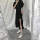 Short-sleeve Ruffle Hem Slit Maxi A-line Dress